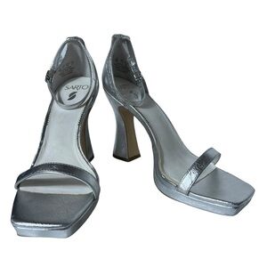 Franco Sarto Dolores Silver Leather Ankle Strap Heeled Sandals, Size 10